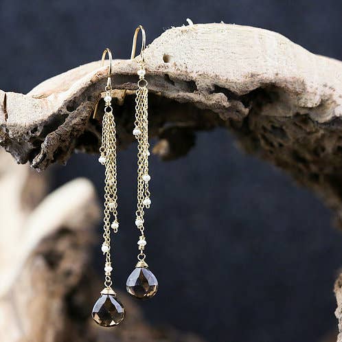 Chuang Yi Smoky Quartz & Pearl Chain Earrings