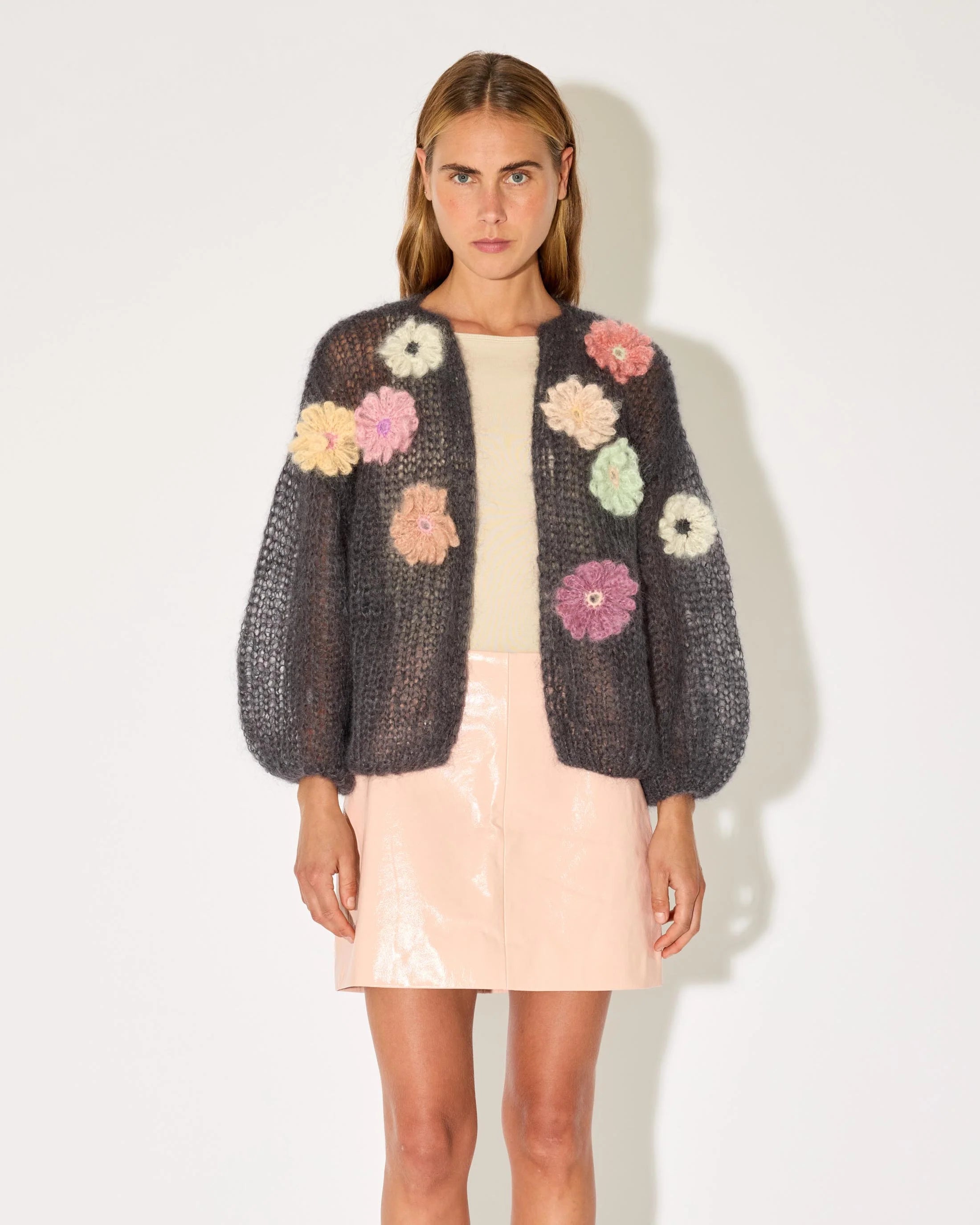 Maiami Mohair Bomber Cardigan Flower Embroidery