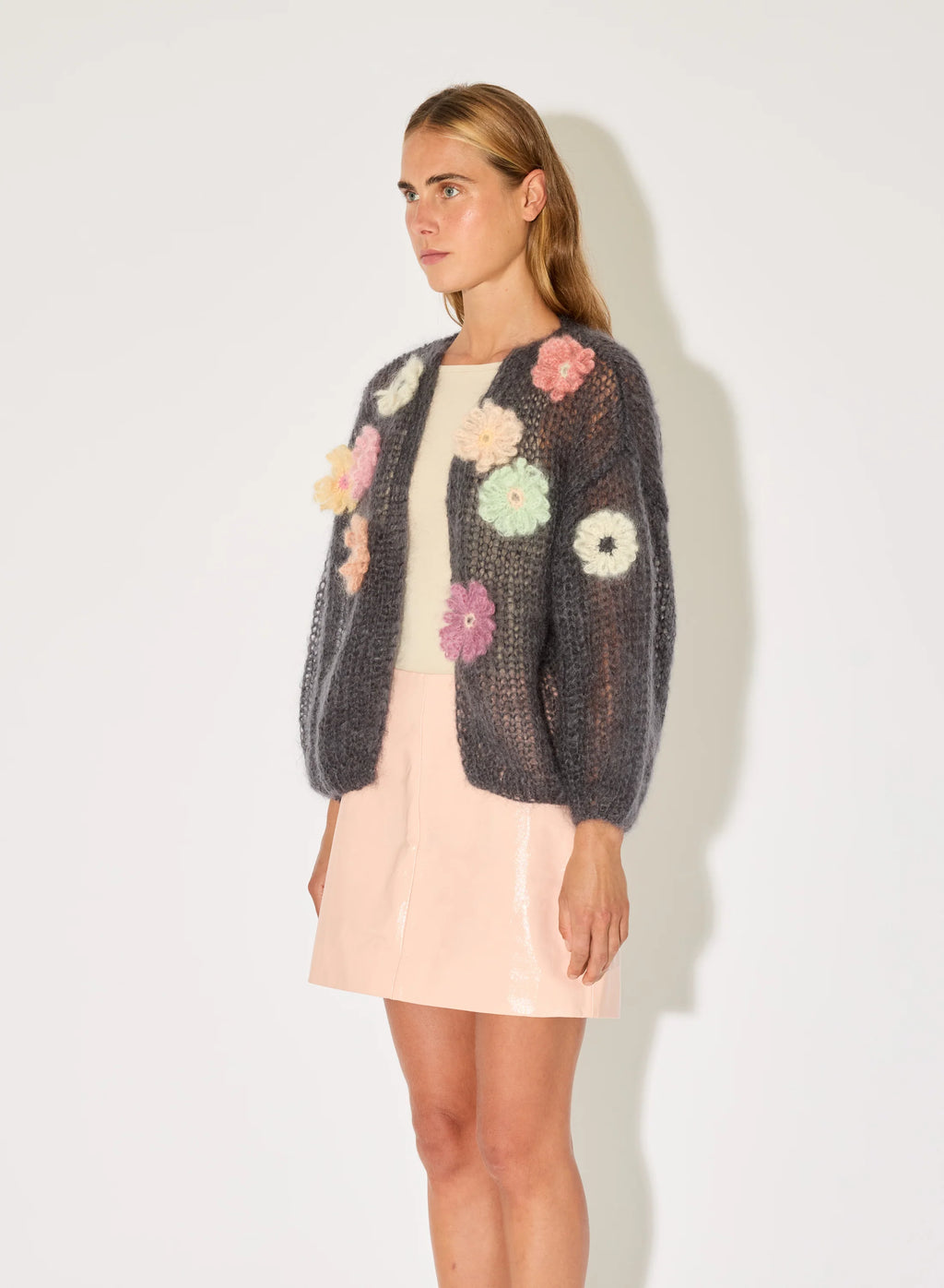 Maiami Mohair Bomber Cardigan Flower Embroidery